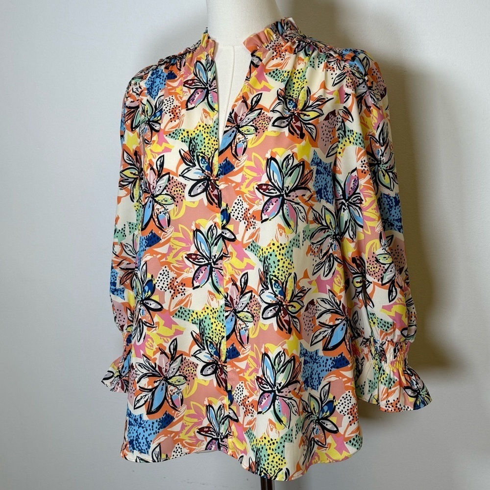 JADE | Melody Tam Colorful Floral 3/4 Sleeve Split Neck Blouse Women’s Size XS - Picture 3 of 10